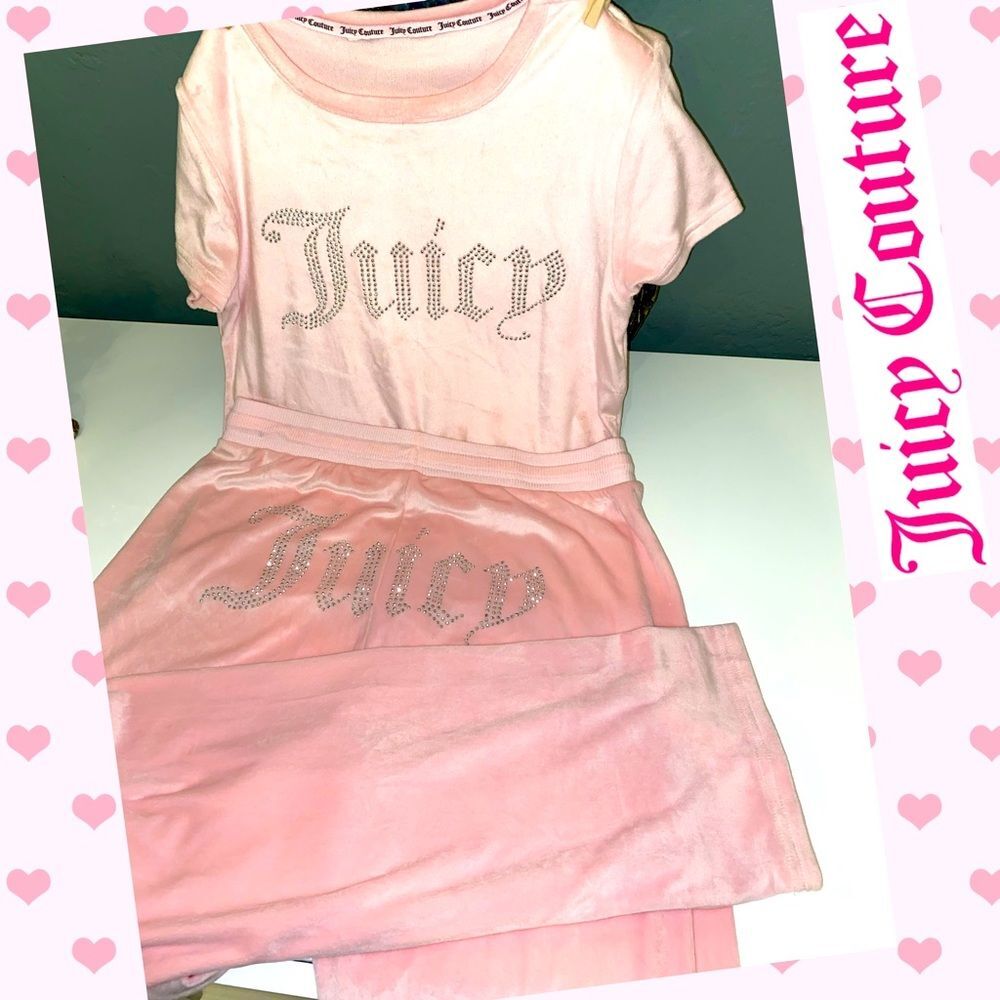 Juicy Couture Bling Logo Top & Back Pants Velour Set Pink Medium